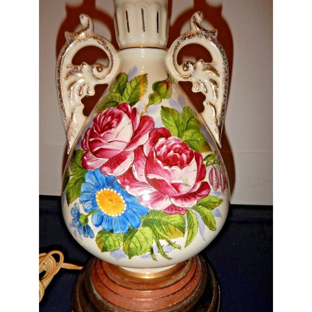Vintage Porcelain Urn Table Lamp Roses Gold Scroll Handles Floral Hand Decorated